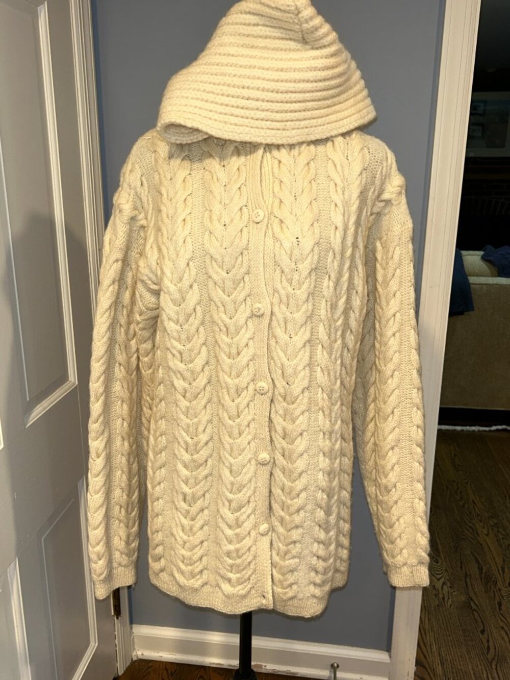 NELL Cardigan Sweater/Coat Ivory, NWT, Wool, Cable Knit,Large Hooded Women